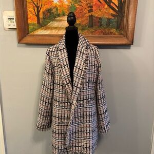 Jean-Pierre Klifa Fringed Plaid Tweed Blazer in Pink, Black & White Size XL